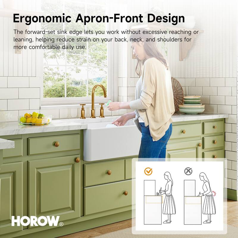 HOROW 33 in. White Fireclay Rectangular Farmhouse Apron-Front Kitchen Sink, Single Bowl with Grid and Strainer