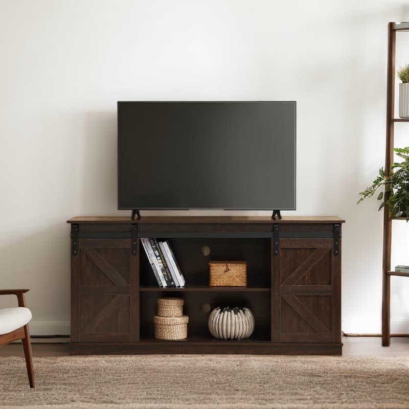 Homy Casa 58'' Farmhouse TV Stand. Sliding Barn Doors, Storage Cabinet