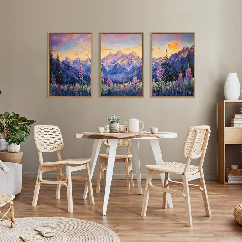Purple Sunset Mountain Landscape Framed Canvas Wall Art Set