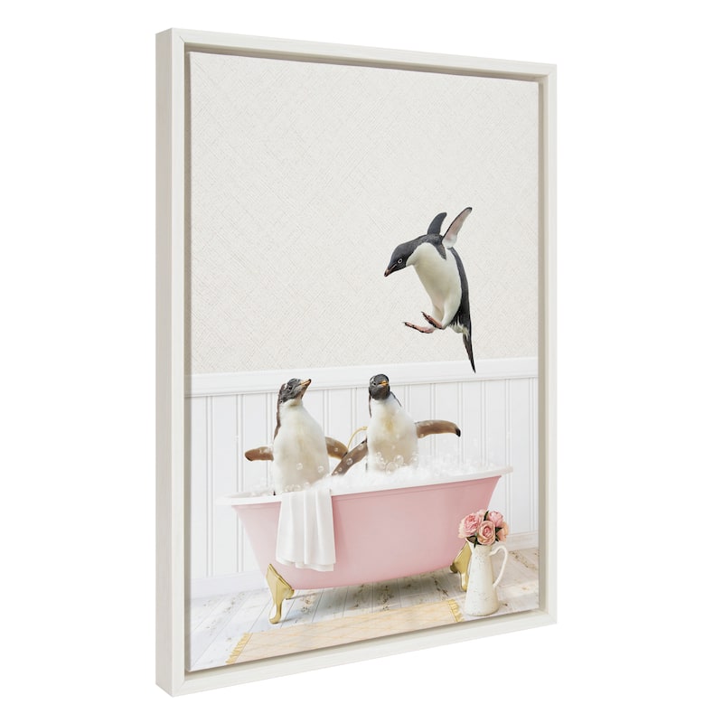 Kate and Laurel Sylvie Penguin Rose Bath Framed Canvas by Amy Peterson - White