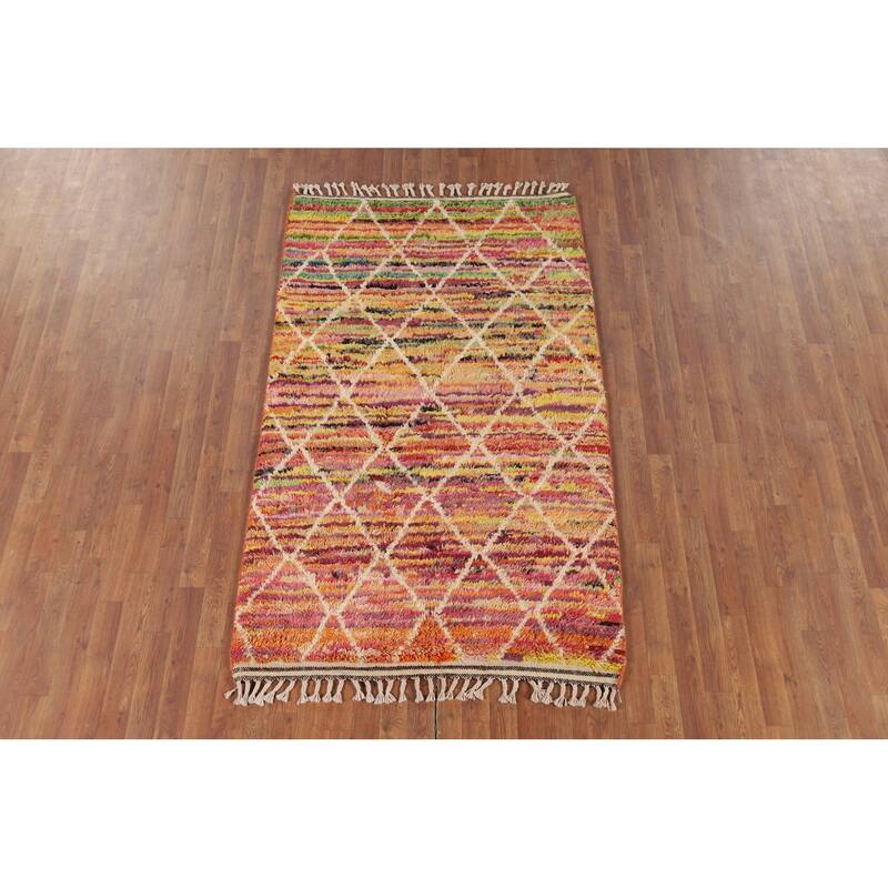 Hand Knotted Oriental 100% Wool Carpet Modern Geometric Multi-Colored Moroccan Area Rug - 6' 0'' X 4' 0''