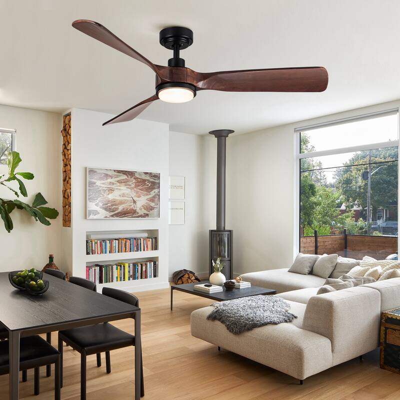 52In. Farmhouse Indoor Flush Mount Low Profile Ceiling Fan with Solid Wood Blades - 52 INCHES