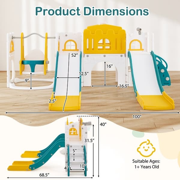 dimension image slide 1 of 2, Gymax 10 in 1 Toddler Swing & Slide Set w/Basketball Hoop Telescope