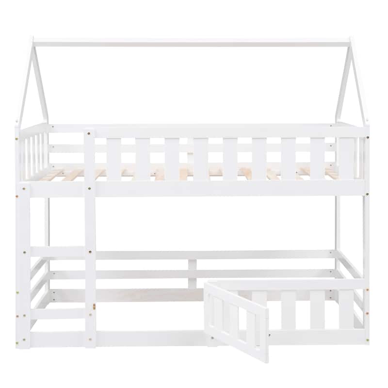 Solid Wood Twin Over Twin House Bunk Bed with Fence and Door