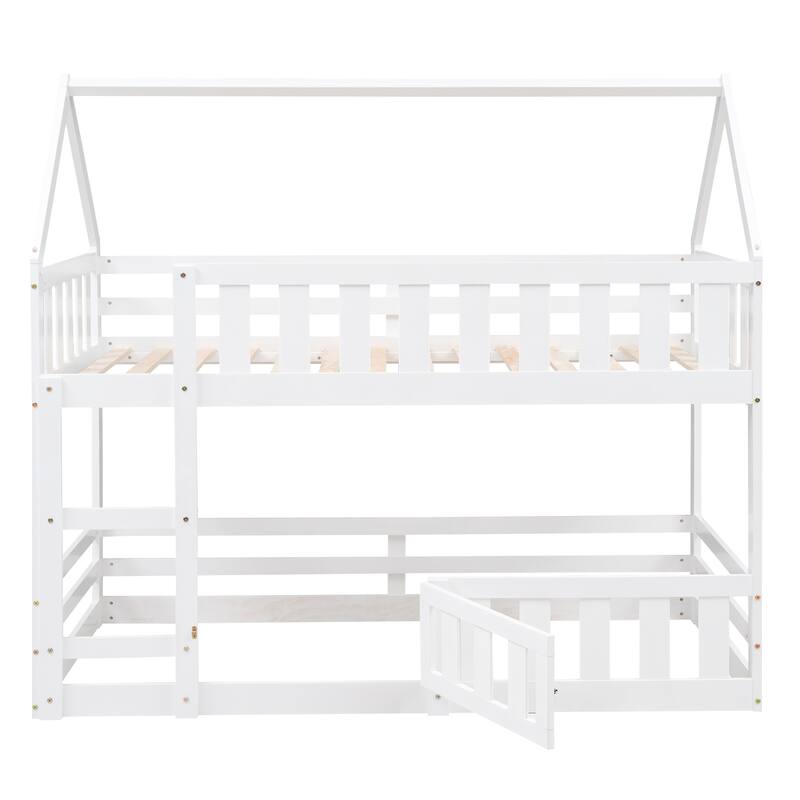 Twin Over Twin Bunk Bed with Fence and Door House Shape Design Solid Wood
