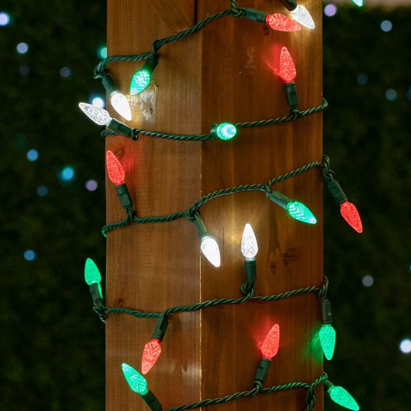 70 Light C6 LED Christmas Mini Light Set, Red/Green/Pure White, Green Wire, 24' - Large