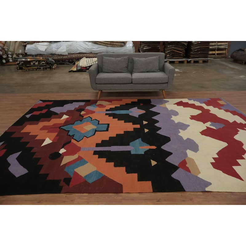 Hand Woven Oriental 100% Wool Carpet Southwestern Modern Multi-Colored Kilim Area Rug - 12' 2'' X 8' 7''