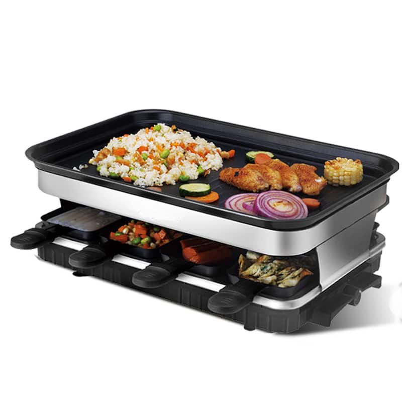 Anmytek 8 Person Raclette Grill Non Stick Grill Plate with 8 Mini Pans 1500W Adjustable Temperature - Black