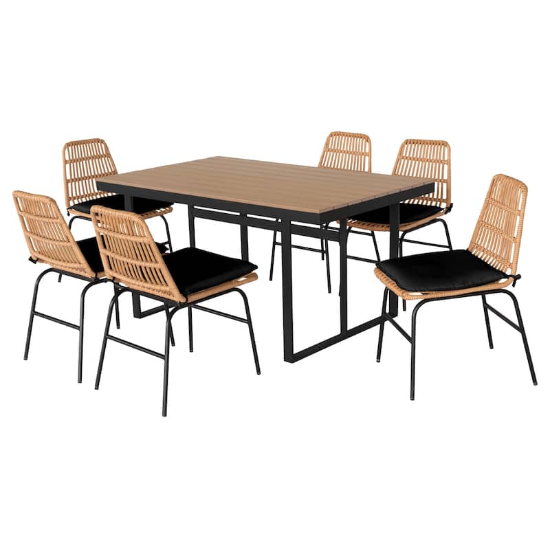 7 piece Outdoor Dining Set, Glass Table with Woven Chairs for Patio, Balcony & Garden - 26.77"L x 20.87"W x 31.1"H