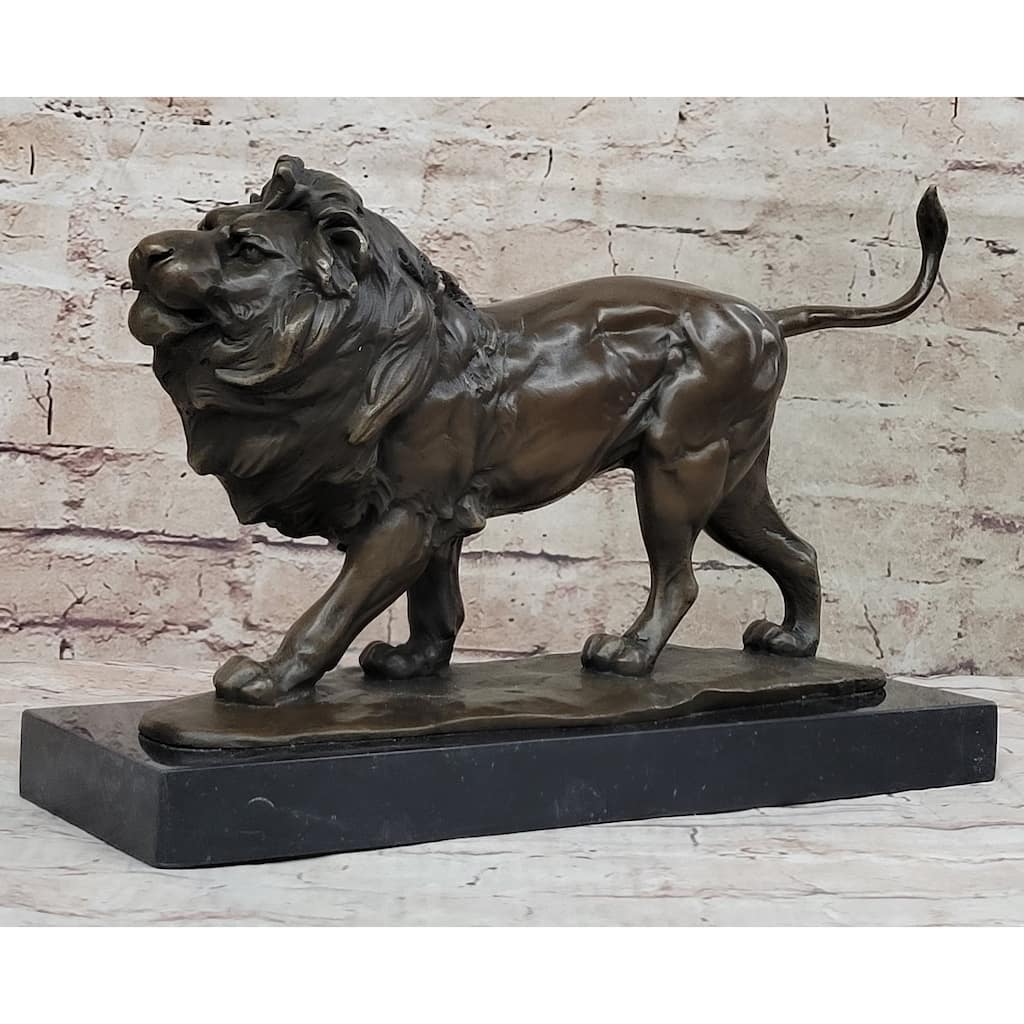 Walking Imitative Lion Bronze Sculpture Statue Figure On Marble Base Signed Milo
