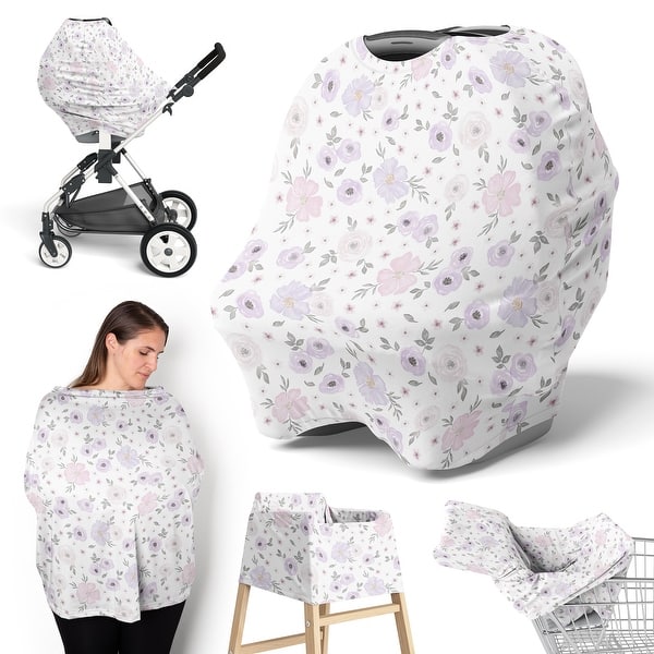 slide 2 of 6, Sweet Jojo Designs Purple Watercolor Floral Girl 5 in 1 Baby Car Seat Nursing Cover Pink Grey Boho Bohemian Shabby Farmhouse