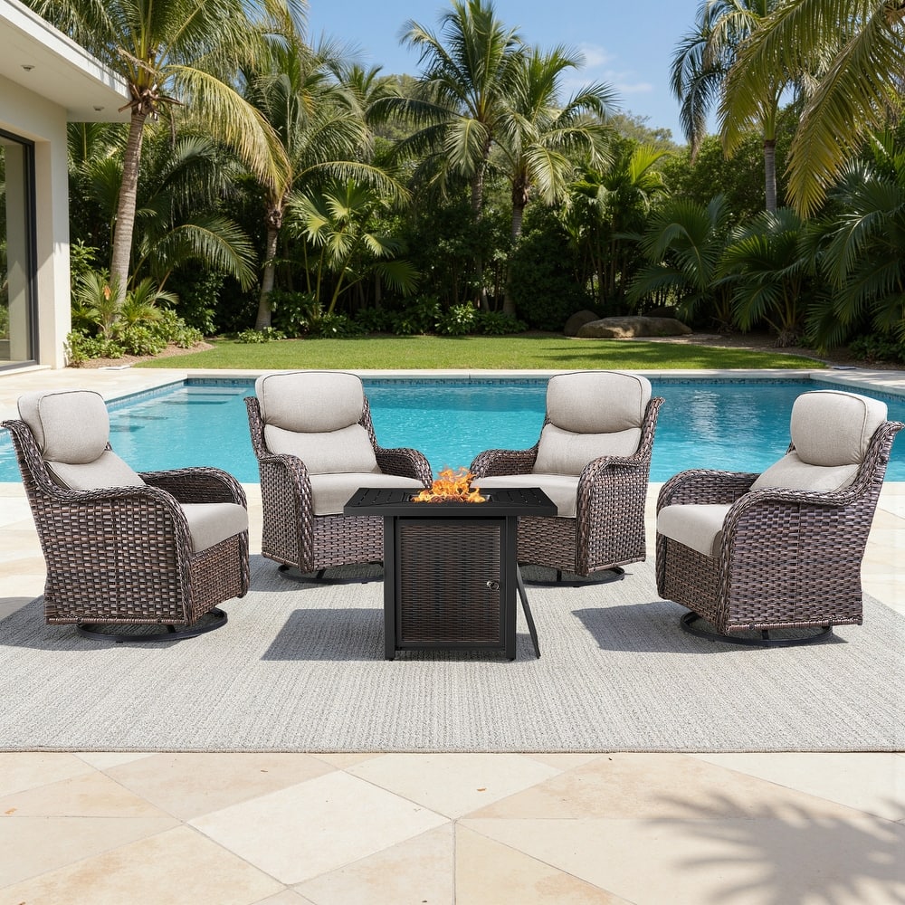 Meyreso 5-Piece Outdoor Patio Wicker Fire Pit 4 person Conversation Set with 5-Inch Thick Cushions