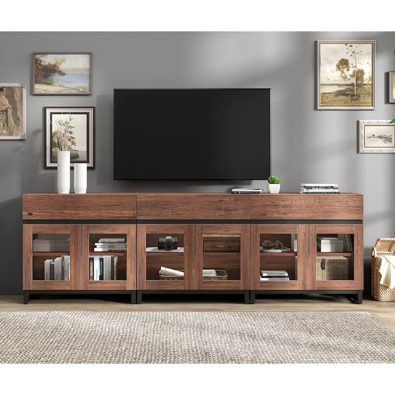 WAMPAT Modern TV Stand with Glass Doors for 110 inch TVs, Entertainment Center Console with 3 Drawers and Metal Base