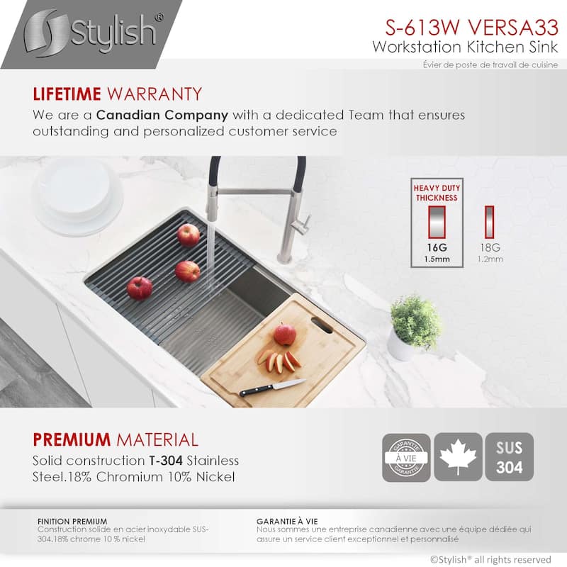 Versa33 Undermount 33" Single Bowl Stainless Steel Kitchen Sink - 33" x 19" x 10"