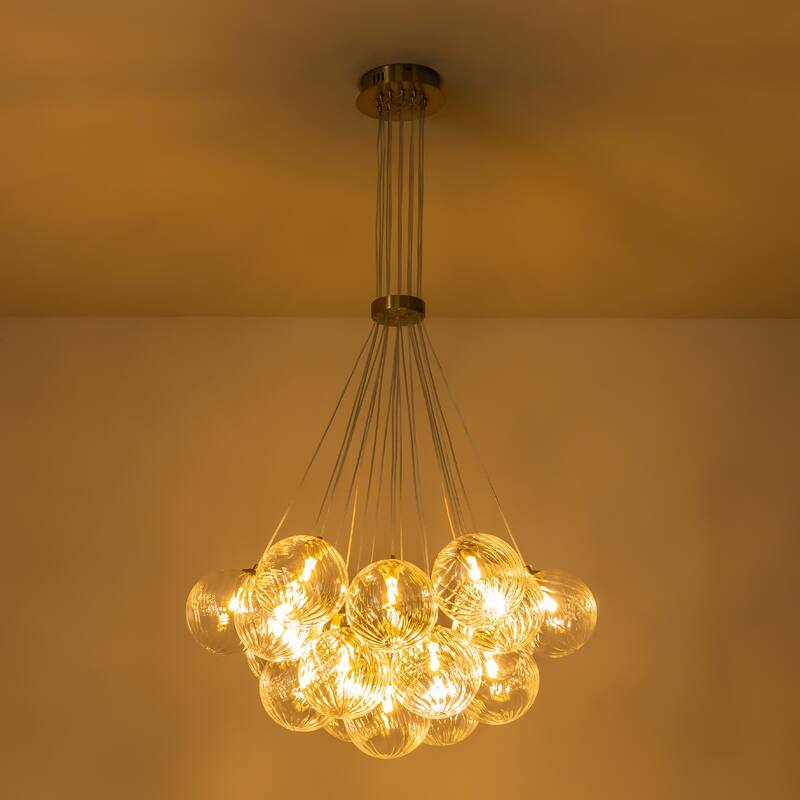 13/ 19-Light Modern Glam Gold Sputnik Cluster Swirled Glass Globe Bubble Chandelier for Dining Room - 19-L - Clear Twisted Glass