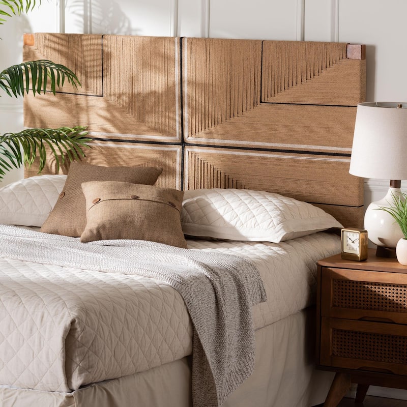 Prita Paper Loom Headboard with Mahogany Wood, Handwoven Bed Panel with Geometric Design, Boho Rustic Bedroom Accent