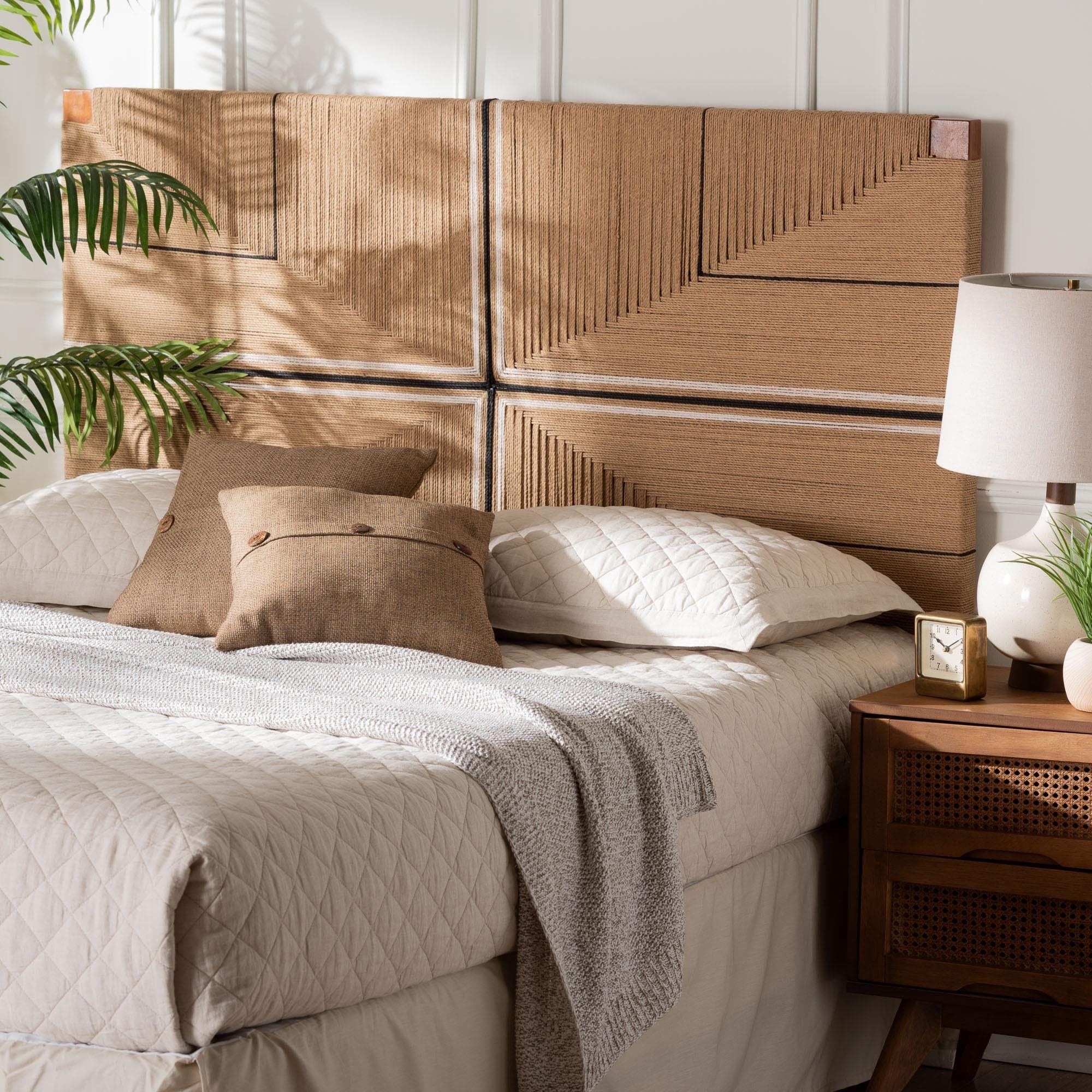 Prita Paper Loom Headboard with Mahogany Wood, Handwoven Bed Panel with Geometric Design, Boho Rustic Bedroom Accent