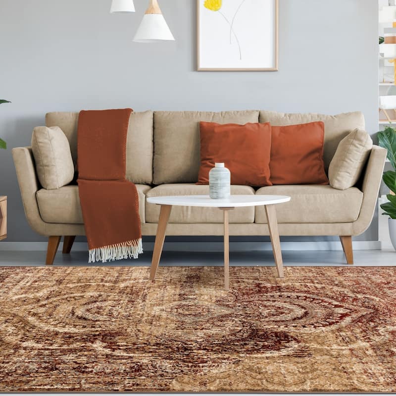 Superior Salford Vintage Abstract Medallion Plush Indoor Runner or Area Rug - 4' x 6' - Maroon