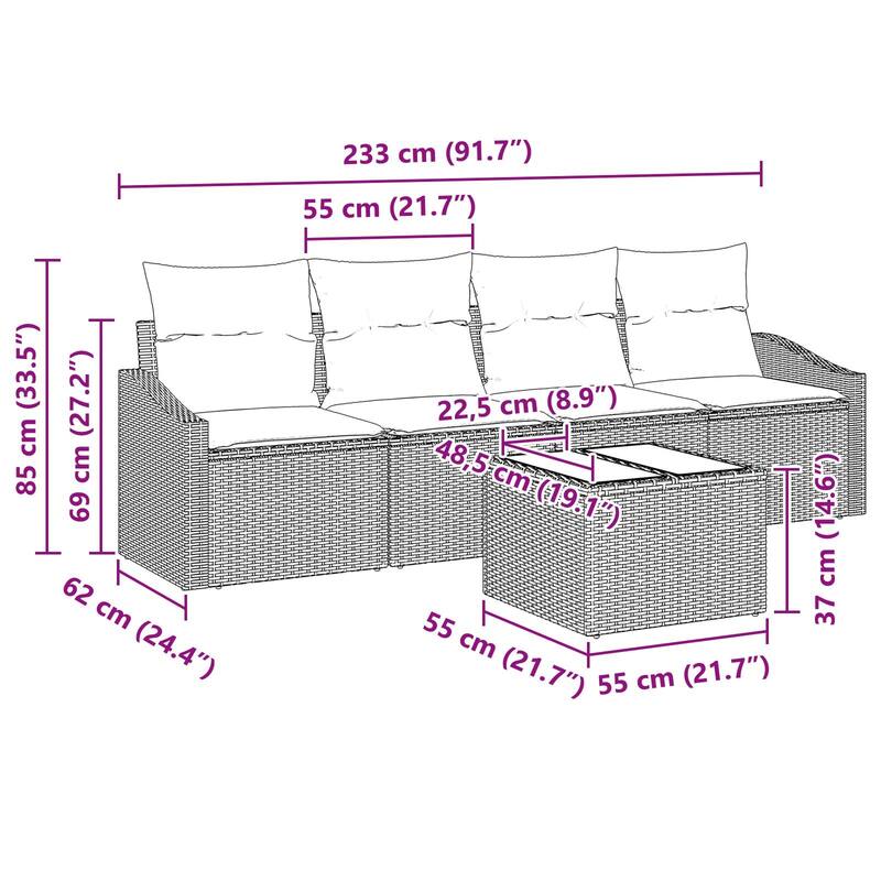 vidaXL 5 Garden Sofa Set with Cushions Black Poly Rattan - 91.7 x 24.4 x 27.2