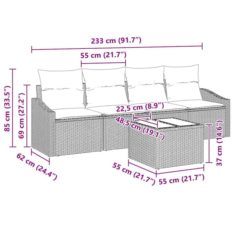 vidaXL 5 Piece Garden Sofa Set with Cushions - 91.7×24.4×27.2