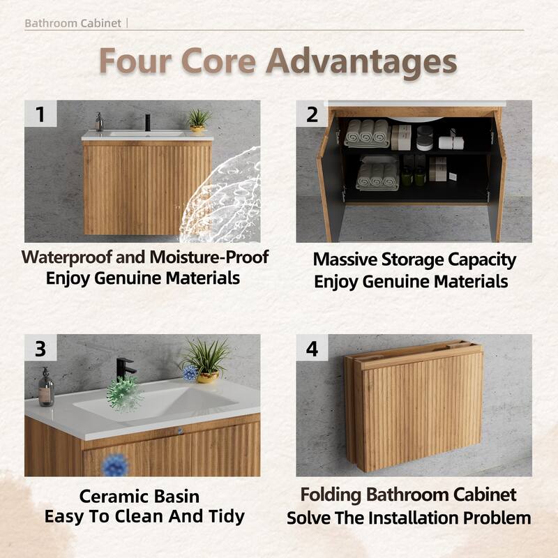 30inch Folding Wall Cabinet With Creamic Sink- Patented 1-Minute Install, Space-Saving & Easy Assemble