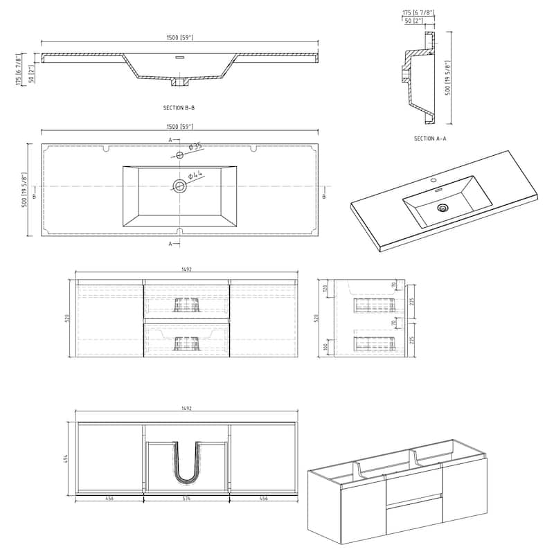 MDF Floating Bathroom Vanity with Integrated Resin Sink