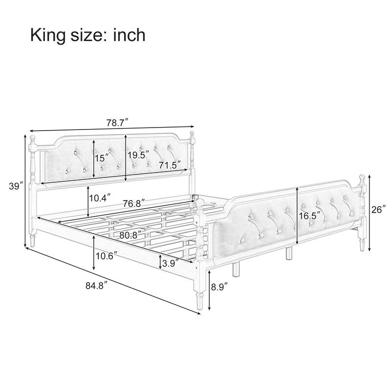 King Size Solid Wood Bed Frame with Upholstered Tufted Headboard