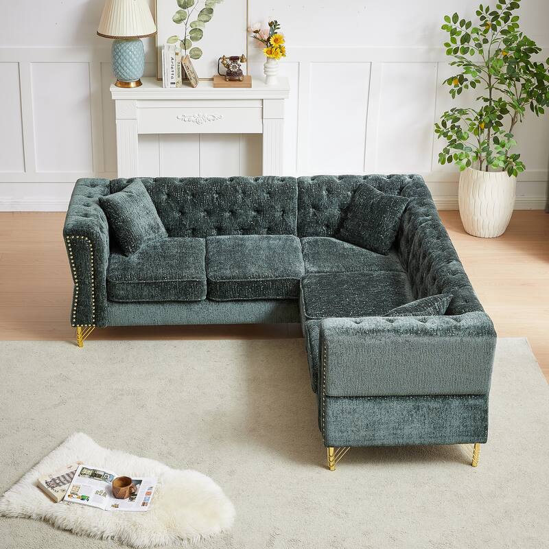 5-Seater Chenille Corner Sofa with Nailhead Trim, L-Shaped Couch for Living Rooms