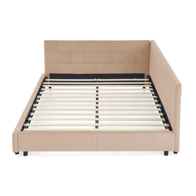 L-shaped Velvet Upholstered Daybed Tufted Sofa Bed with Soft Backrest Armrests - and Optional Corner Storage Day Bed