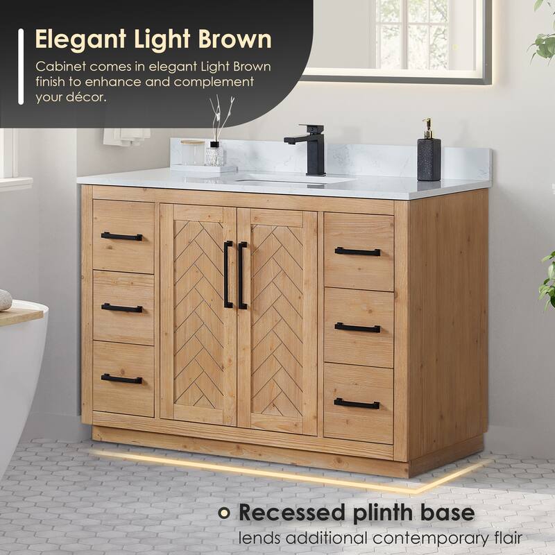 Anais 3Single Bathroom Vanity in Light Brown with Grain White Engineered Stone Countertop without Mirror
