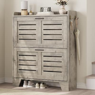 Slim Entryway Shoe Cabinet, 2 Flip-Drawer Organizer with Adjustable Shelves