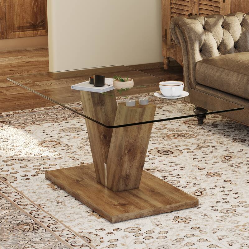 43.3" Modern Rectangular Coffee Table with MDF Pillars and Stable Base for Living Room