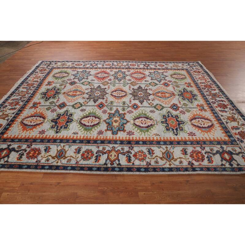 All-Over Geometric Oushak Indian Area Rug Hand-Knotted Wool Carpet - 7'9"x 9'10"