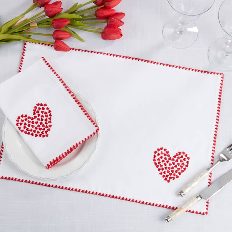 Embroidered Heart Scatter Placemats & Napkins (Set of 8) - Red Mini Heart Table Linens with Scalloped Trim, 13"x19" / 18"x18"