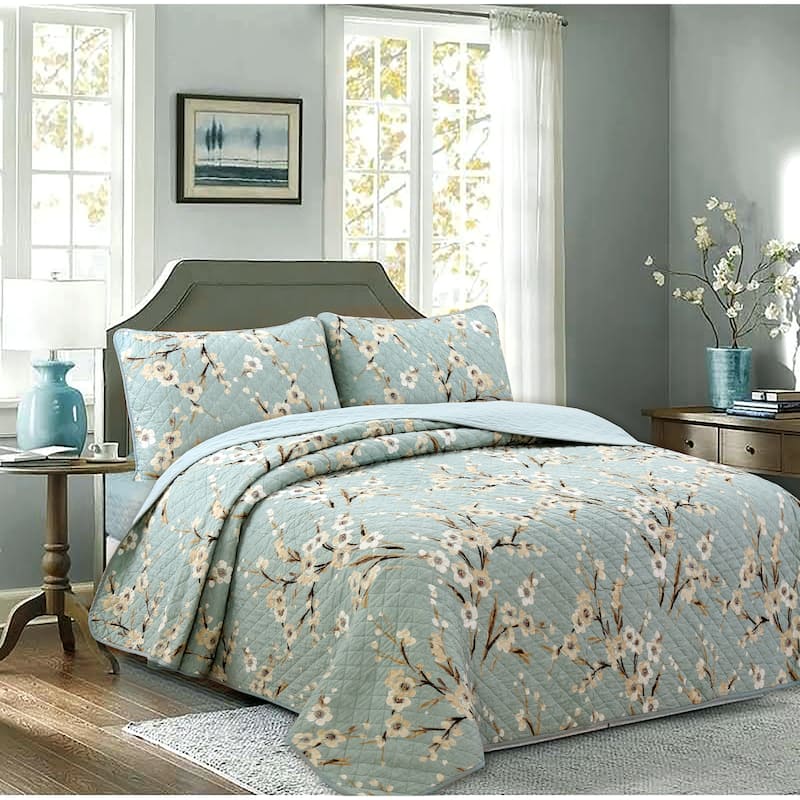 Cozy Line Cream Cherry Blossom Floral Cyan Blue Green Quilt Bedding Set