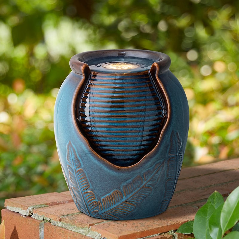 Glitzhome 9"H Leaf Textured Ceramic Jar Indoor Tabletop Water Fountain with LED Lights - Turquoise