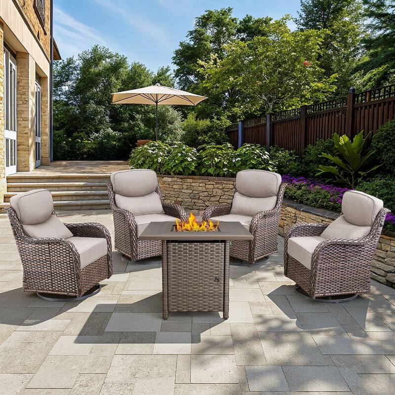 Arcadia 5-Piece Patio Conversation Set with 4 Swivel Glider Chairs and Wicker Square Fire Pit - Beige Cushions - Brown Wicker