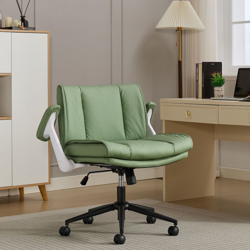 Cross Legged Office Chair on Wheels with Flip-Up Armrests Leather and Wide Seat