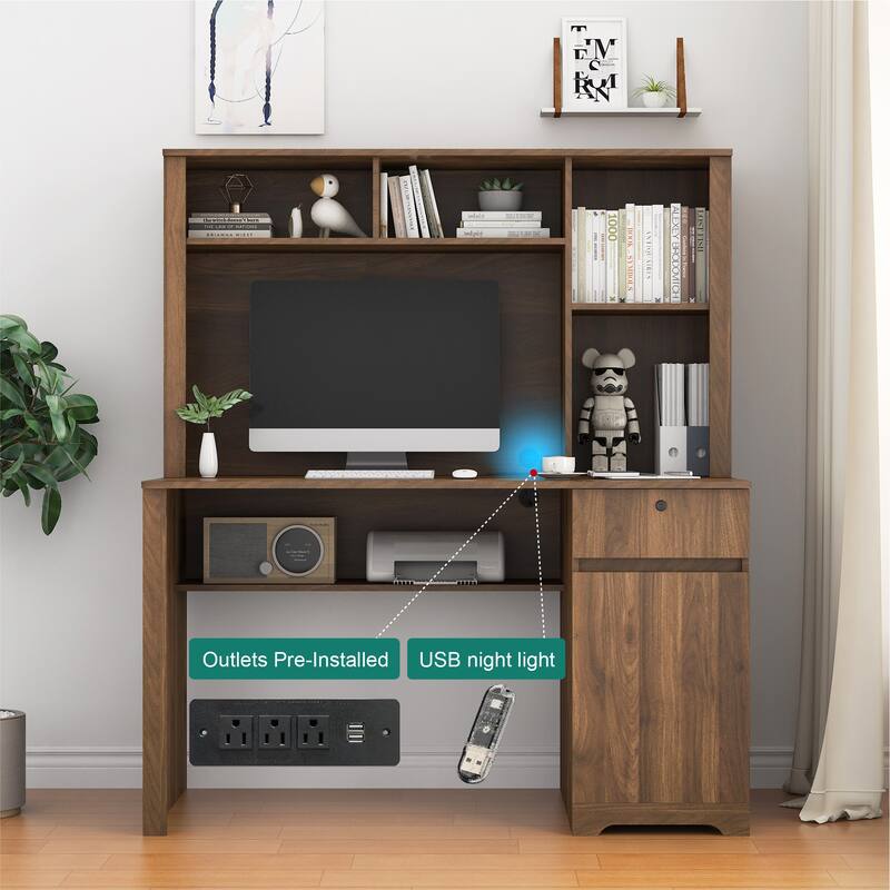 51.2-Inch Computer Desk Executive Desk with Charging Station, Lockable Drawer and Bookshelf for Home Office
