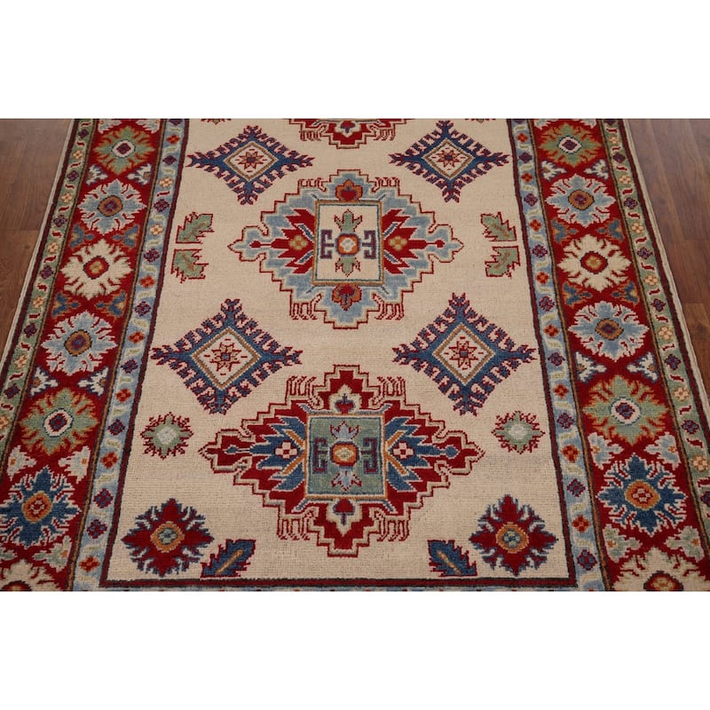 Beige Traditional Kazak Accent Rug Hand-Knotted Wool Carpet - 4'1" x 5'11"