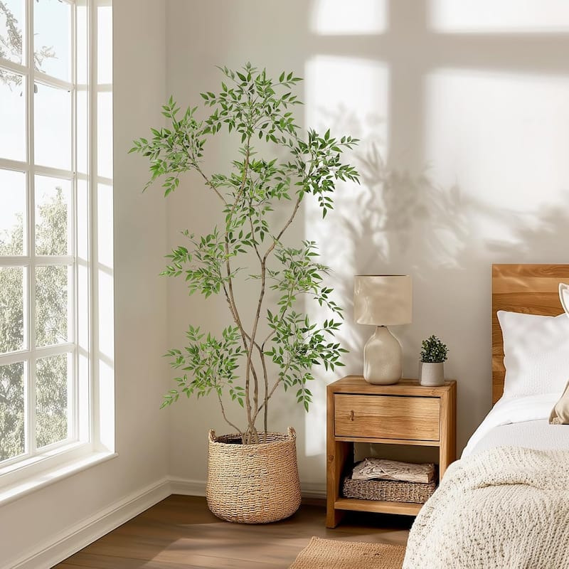 Artificial Plants Indoor, 5FT Tall Faux Floor Plant in Pot, Nandina Artificial Tree with Grey Planter