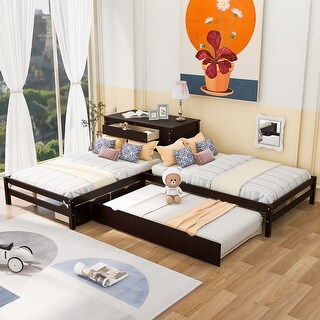 Full Size L-shaped Platform Beds with Drawers Linked with Built-in Rectangle Table and Twin Size Trundle.