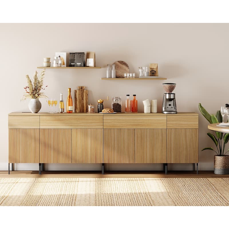 94.5" Wooden Sideboard With Reeded Design, 4-In-1 Modern Credenza With Charging - Oak