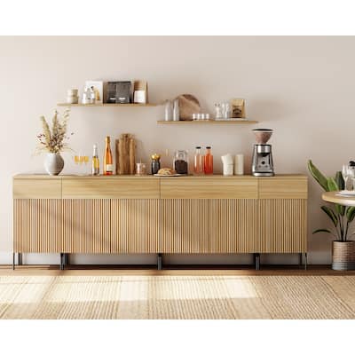 94.5" Wooden Sideboard With Reeded Design, 4-In-1 Modern Credenza With Charging