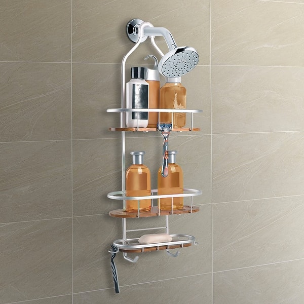 slide 2 of 16, Utopia Alley Tia Rustproof Teak Overhead Shower Caddy with 3 Shelves, Hanging Shower Head Organizer, Black & Chrome Finish Satin Chrome - 11*5*26.5"