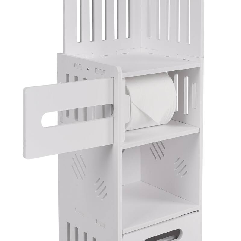 Javlergo White PVC Bathroom Cabinet Multi-Layer Corner Storage Cabinet with Toilet Paper Holder and Trash Bucket