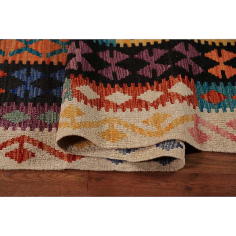 Geometric Kilim Area Rug Flatweave Oriental Multi-Color Wool Carpet - 9'11"x 12'10"