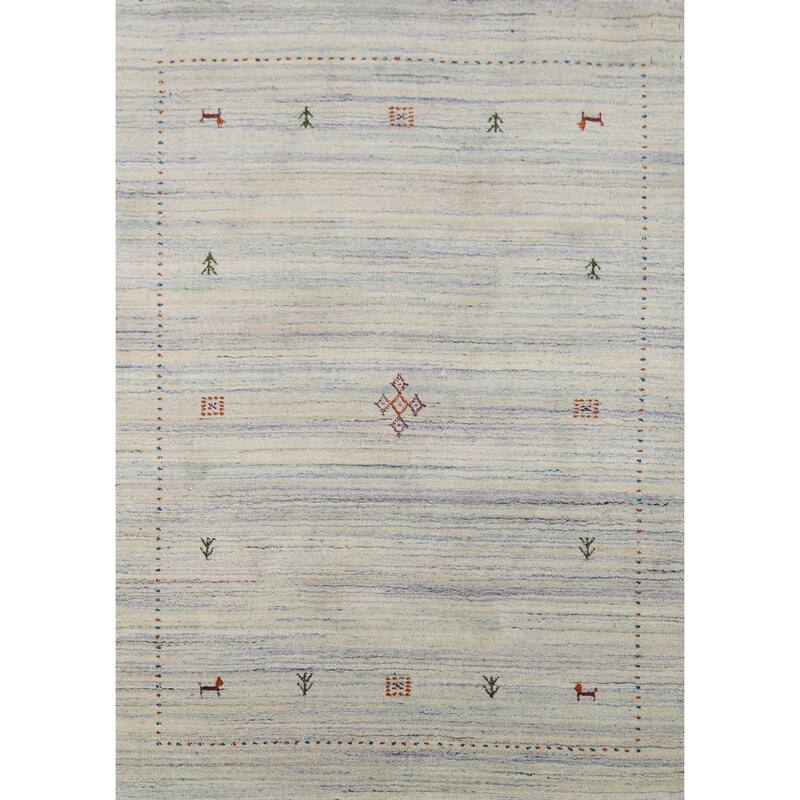 Ivory & Blue Striped Gabbeh Accent Rug Hand-Knotted Wool Carpet - 4'0"x 5'9"