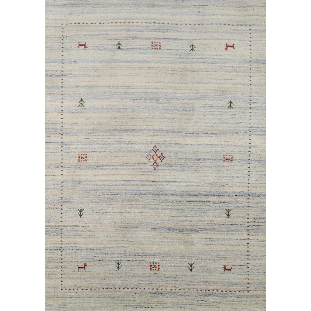 Ivory & Blue Striped Gabbeh Accent Rug Hand-Knotted Wool Carpet - 4'0"x 5'9"