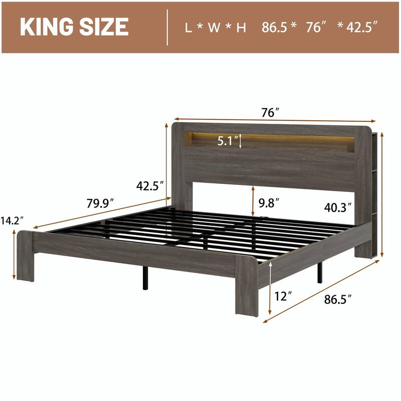 Wood Platform Bed Frame with Storage, LED Light Headboard and 2 USB Ports, Noise-Free